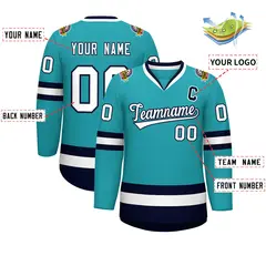 Aqua White-Navy Classic Style Hockey Jersey 2