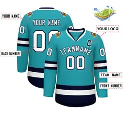 Aqua White-Navy Classic Style Hockey Jersey 2