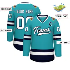 Aqua White-Navy Classic Style Hockey Jersey 2