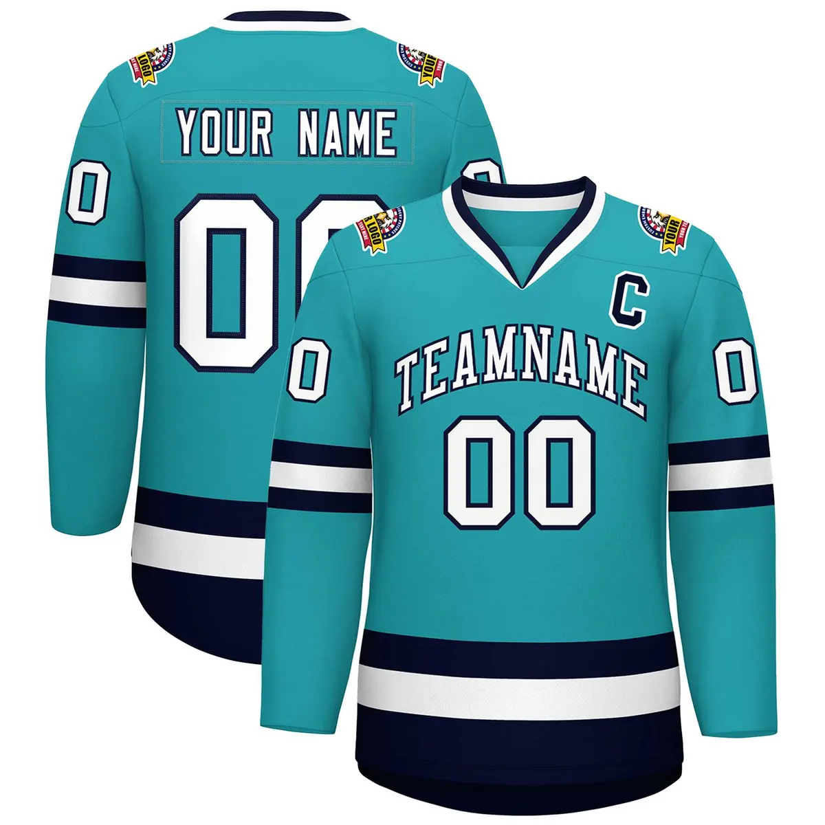 Aqua White-Navy Classic Style Hockey Jersey