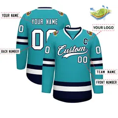 Aqua White-Navy Classic Style Hockey Jersey 2