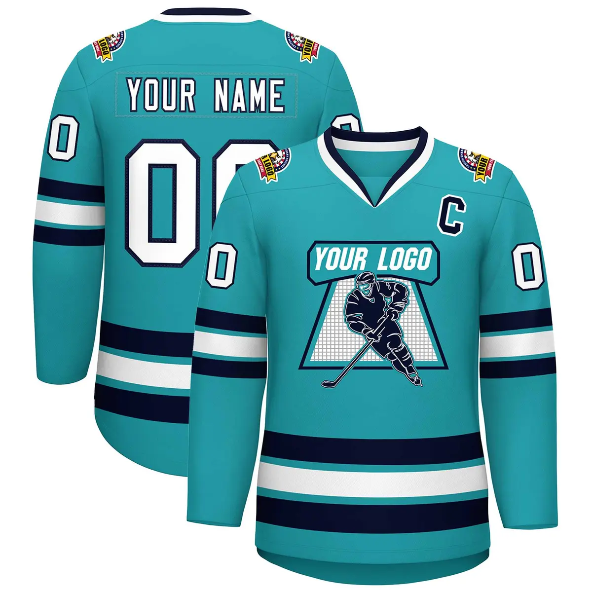 Aqua White-Navy Classic Style Hockey Jersey