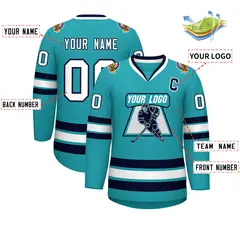 Aqua White-Navy Classic Style Hockey Jersey 2