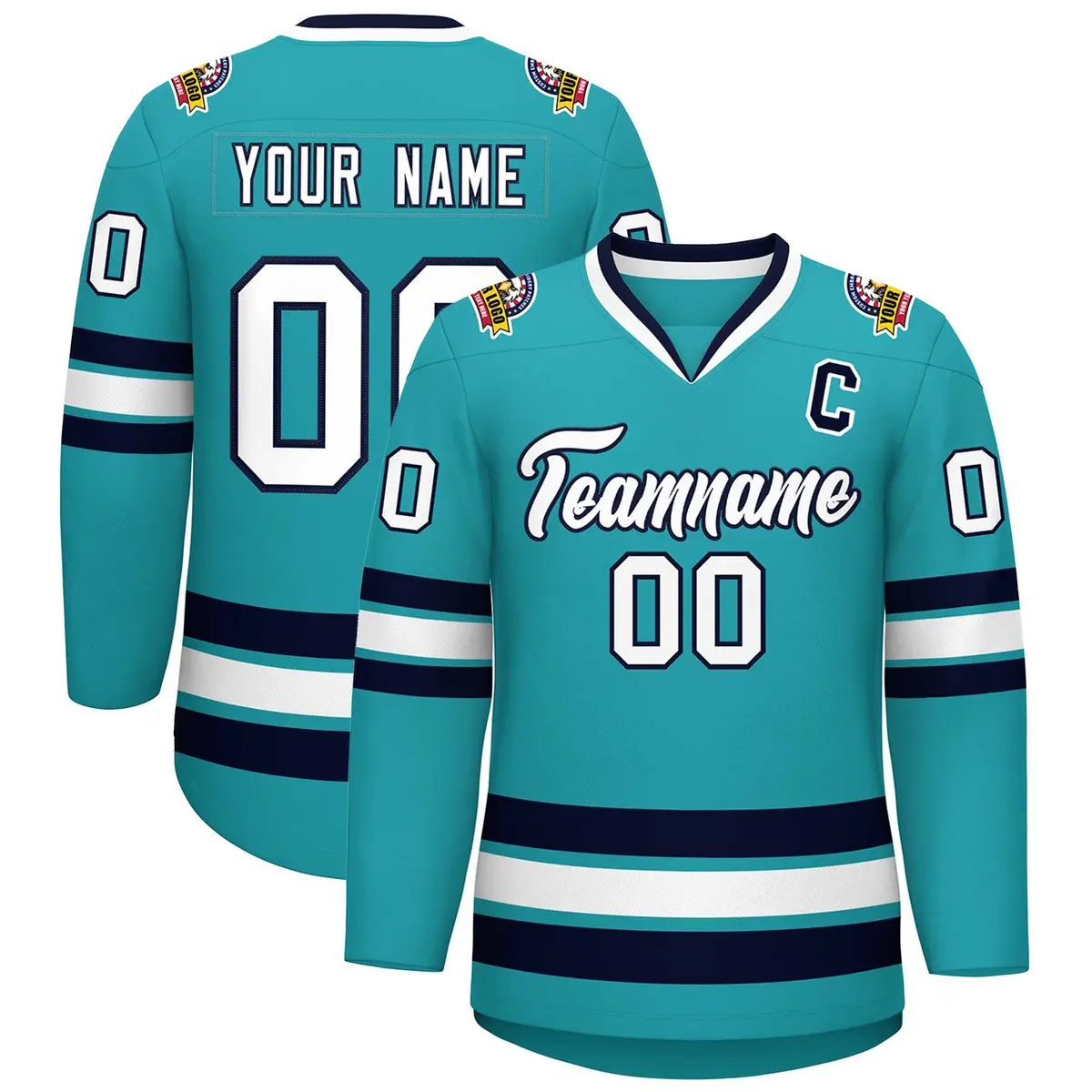 Aqua White-Navy Classic Style Hockey Jersey