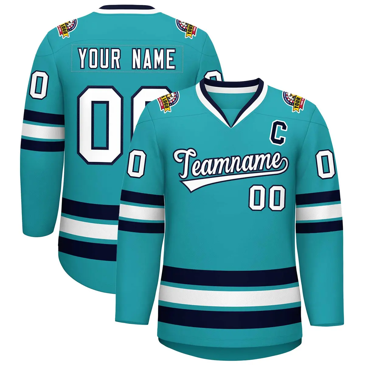 Aqua White-Navy Classic Style Hockey Jersey