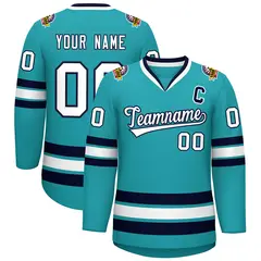 Aqua White-Navy Classic Style Hockey Jersey 1