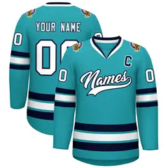 Aqua White-Navy Classic Style Hockey Jersey 1