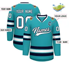Aqua White-Navy Classic Style Hockey Jersey 2