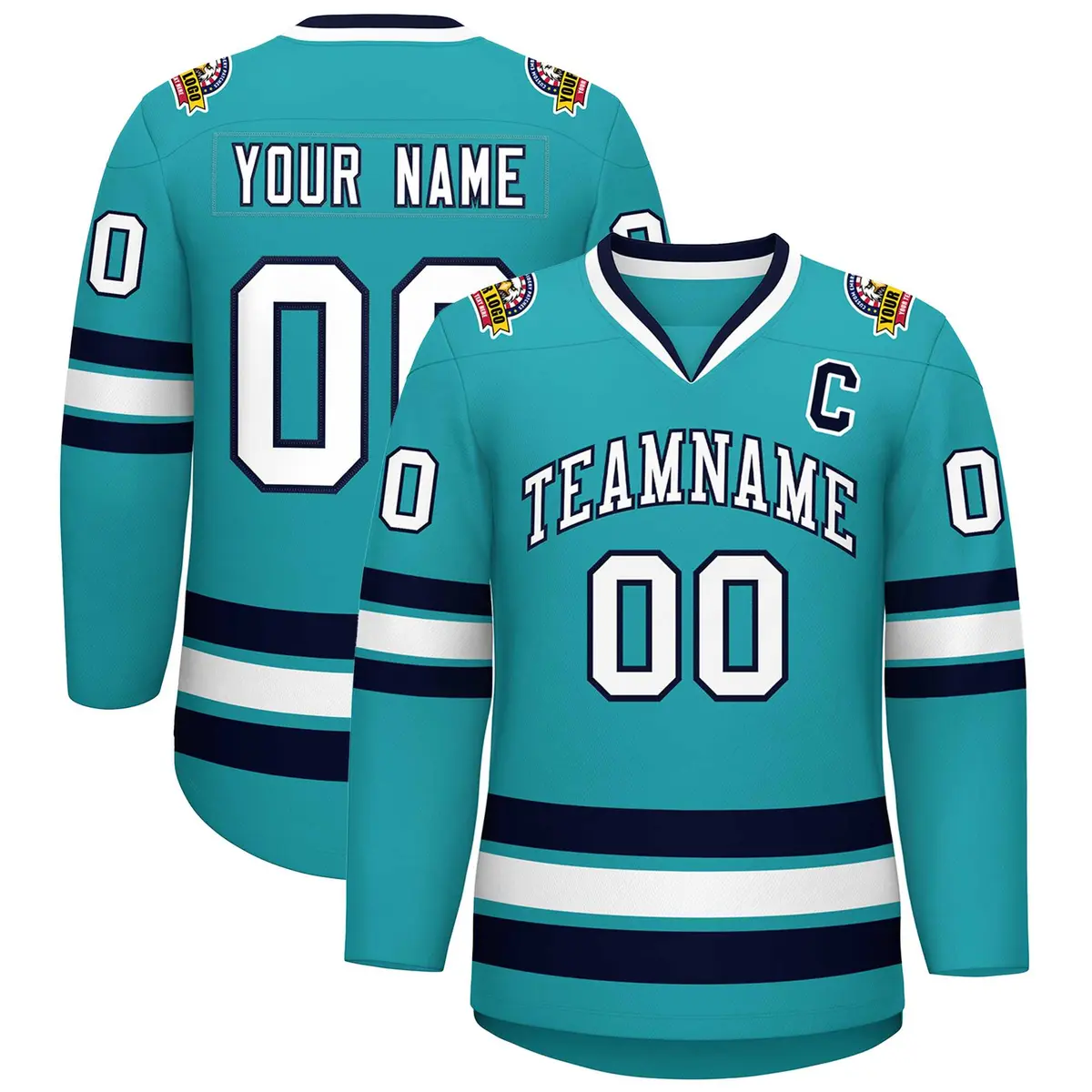 Aqua White-Navy Classic Style Hockey Jersey