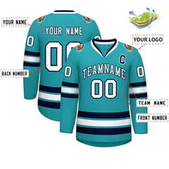Aqua White-Navy Classic Style Hockey Jersey 2