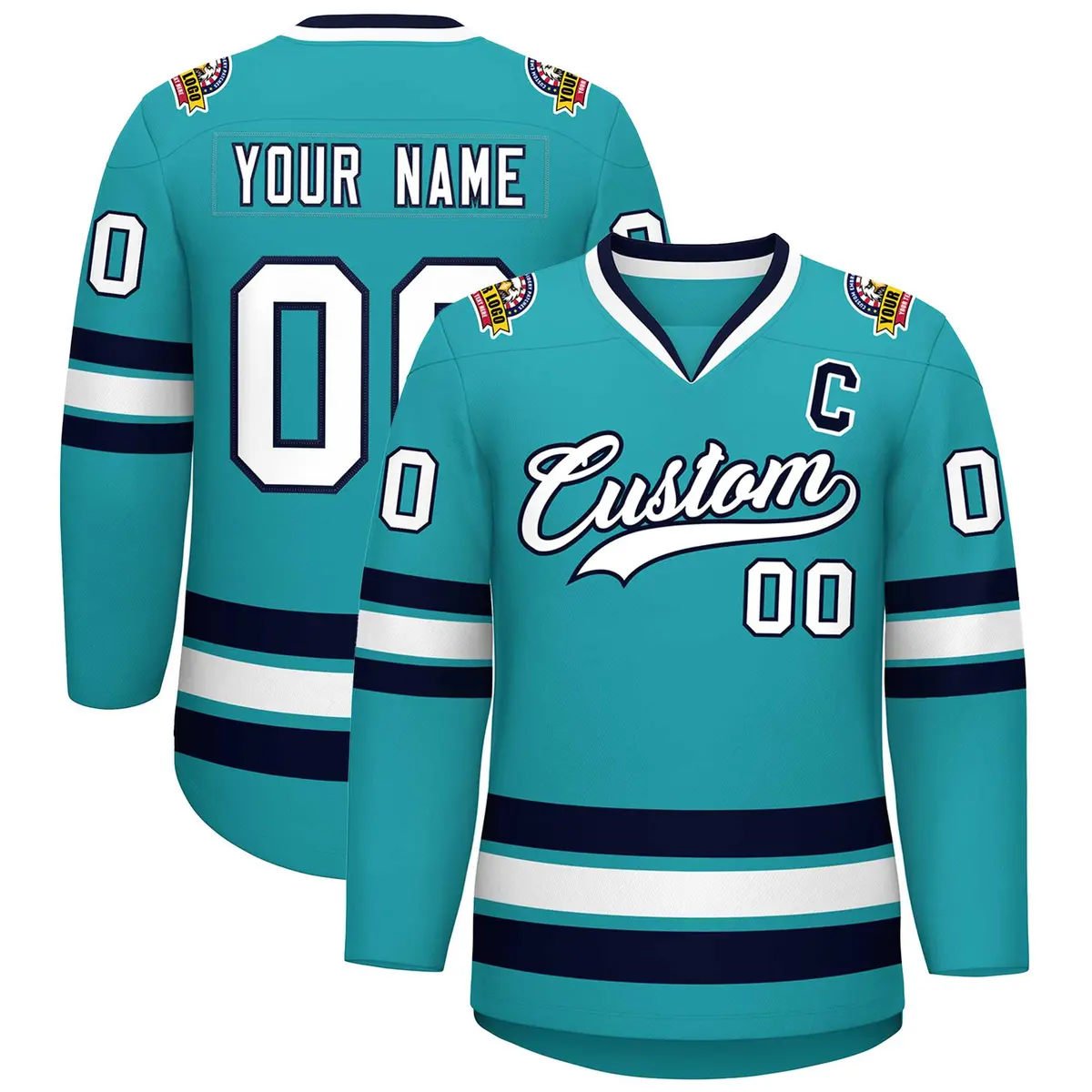 Aqua White-Navy Classic Style Hockey Jersey