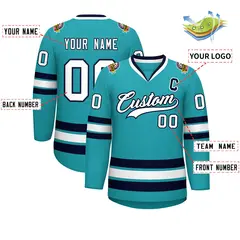 Aqua White-Navy Classic Style Hockey Jersey 2