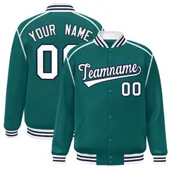 Aqua White-Navy Color Block Ribbon Varsity Full-Snap Bomber Jacket