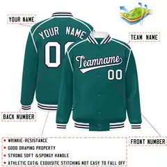 Aqua White-Navy Color Block Ribbon Varsity Full-Snap Bomber Jacket 2