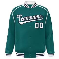 Aqua White-Navy Color Block Ribbon Varsity Full-Snap Bomber Jacket 3