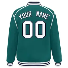 Aqua White-Navy Color Block Ribbon Varsity Full-Snap Bomber Jacket 4