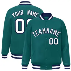 Aqua White-Navy Varsity Full-Snap Letterman Jacket