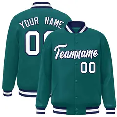 Aqua White-Navy Varsity Full-Snap Letterman Jacket