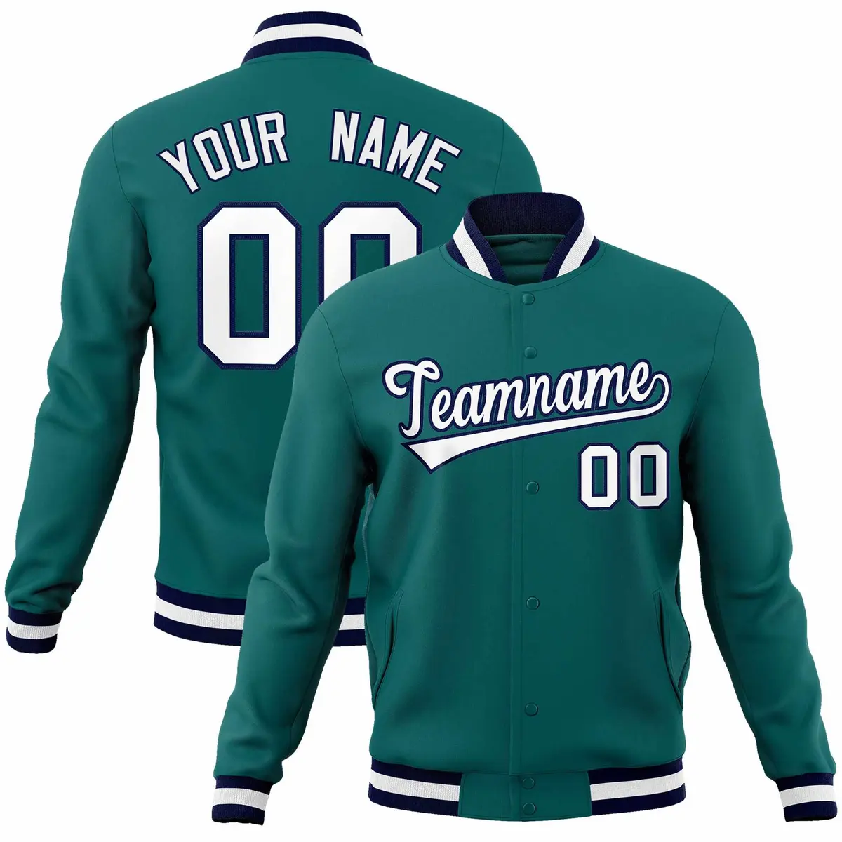 Aqua White-Navy Varsity Full-Snap Letterman Jacket