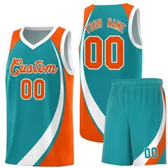 Aqua White-Orange Color Block Basketball Jersey 1