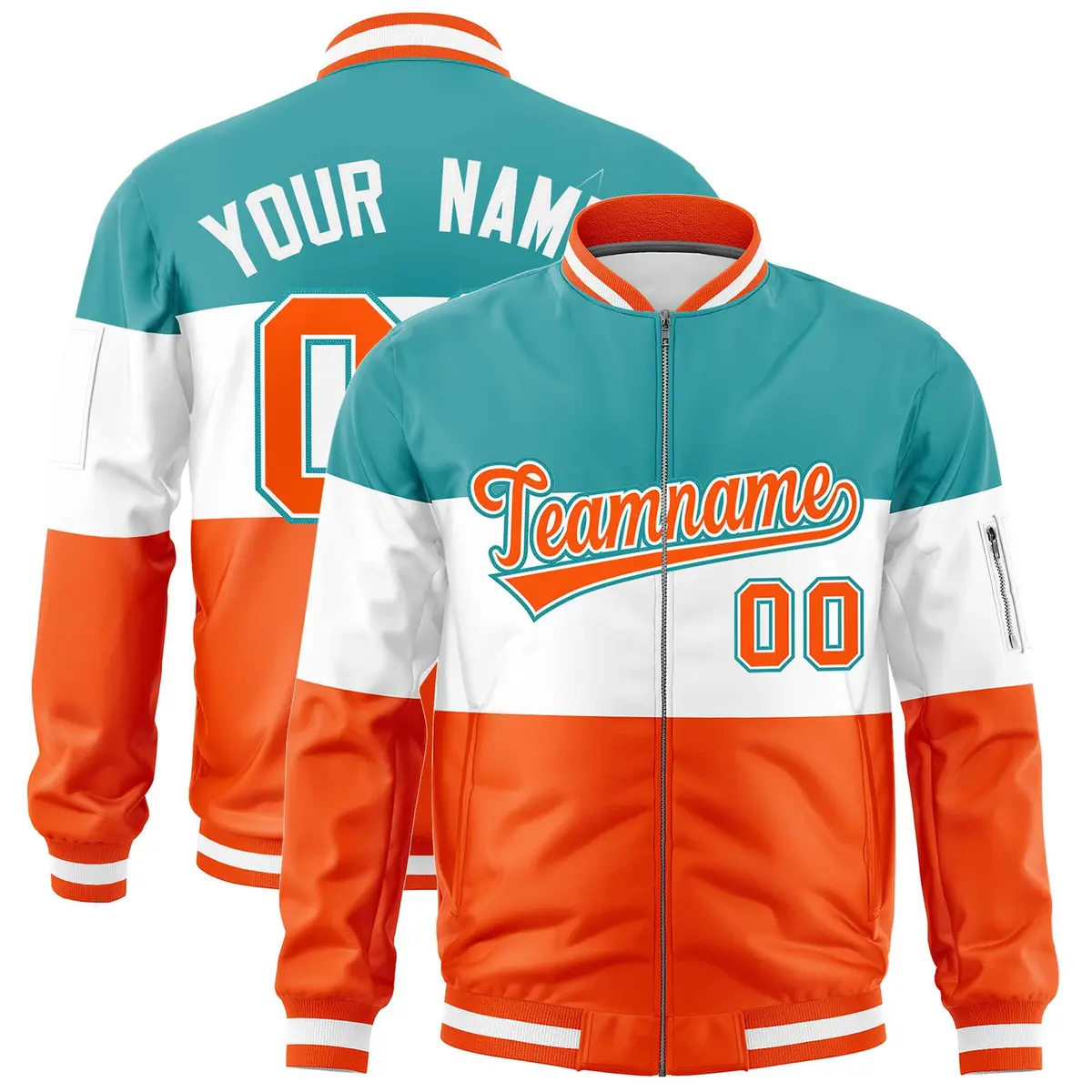 Aqua White-Orange Color Block Full-Zip Varsity Letterman Bomber Jacket