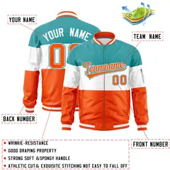 Aqua White-Orange Color Block Full-Zip Varsity Letterman Bomber Jacket 2