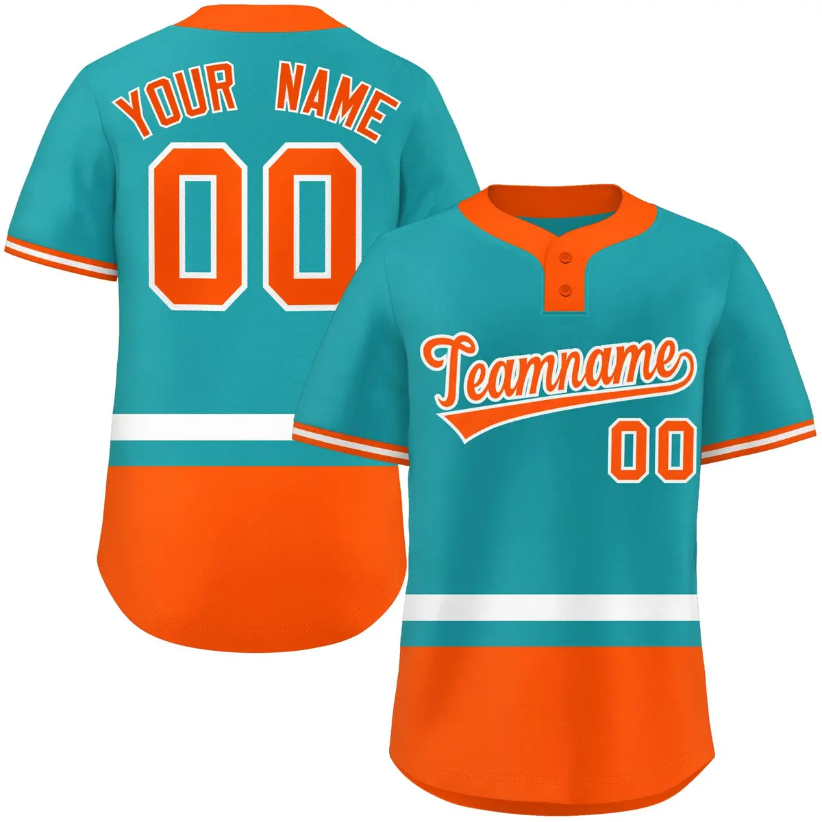 Aqua White-Orange Color Block Two-Button Softball Jersey