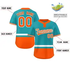 Aqua White-Orange Color Block Two-Button Softball Jersey 2