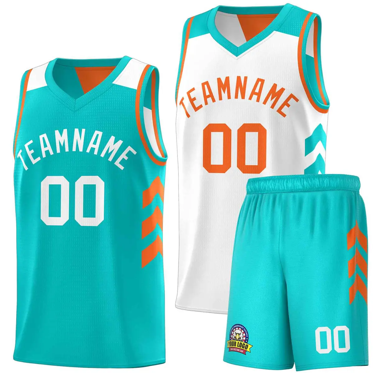 Aqua White-Orange Double Side Basketball Jersey