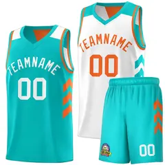 Aqua White-Orange Double Side Basketball Jersey