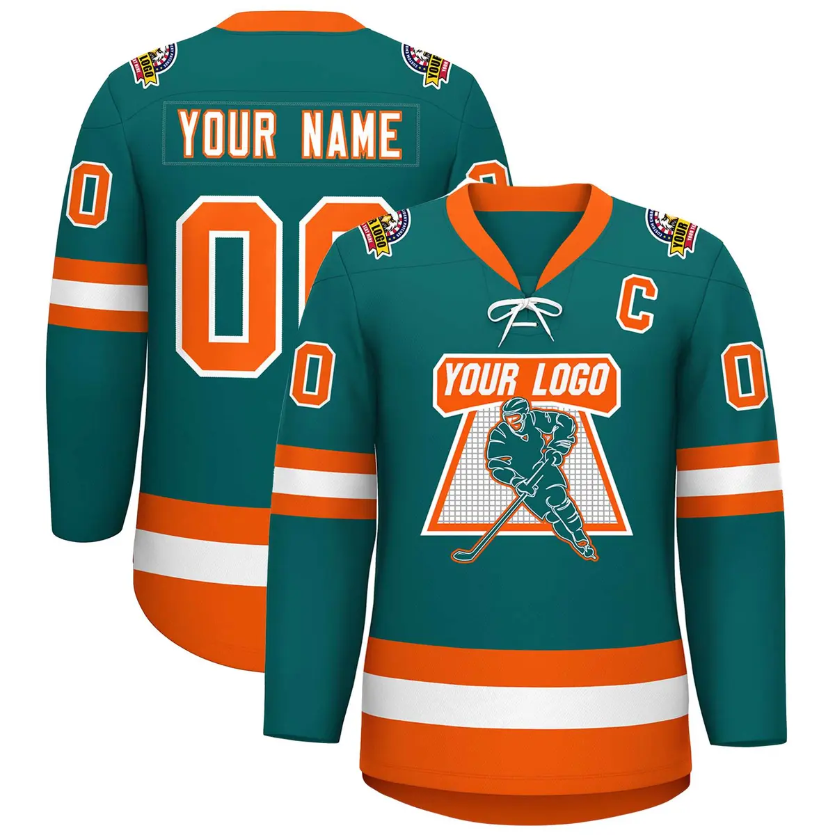 Aqua White-Orange Lace-Up Neck Hockey Jersey