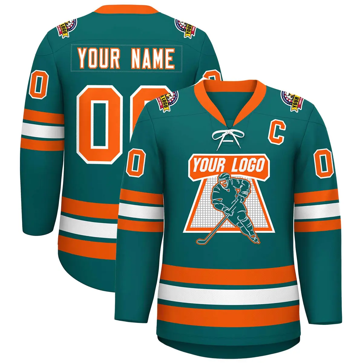 Aqua White-Orange Lace-Up Neck Hockey Jersey