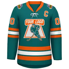 Aqua White-Orange Lace-Up Neck Hockey Jersey 3