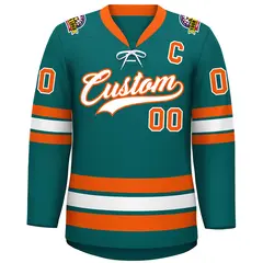 Aqua White-Orange Lace-Up Neck Hockey Jersey 3