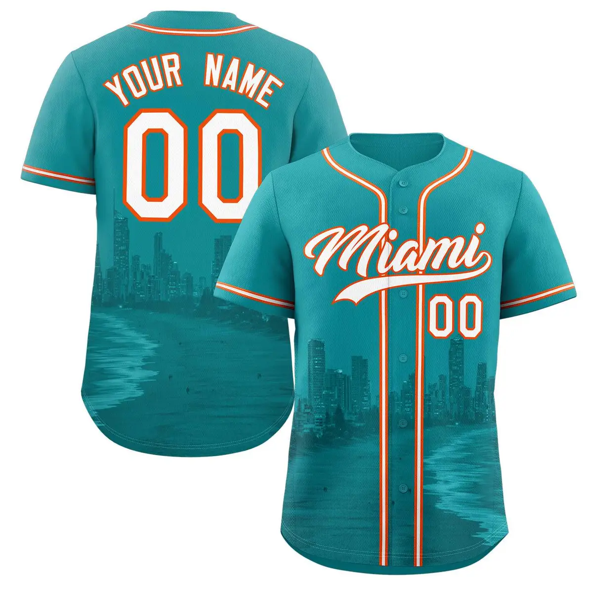 Aqua White Orange Miami City Skyline Baseball Jersey