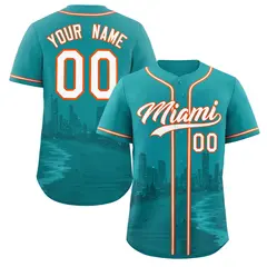 Aqua White Orange Miami City Skyline Baseball Jersey 1