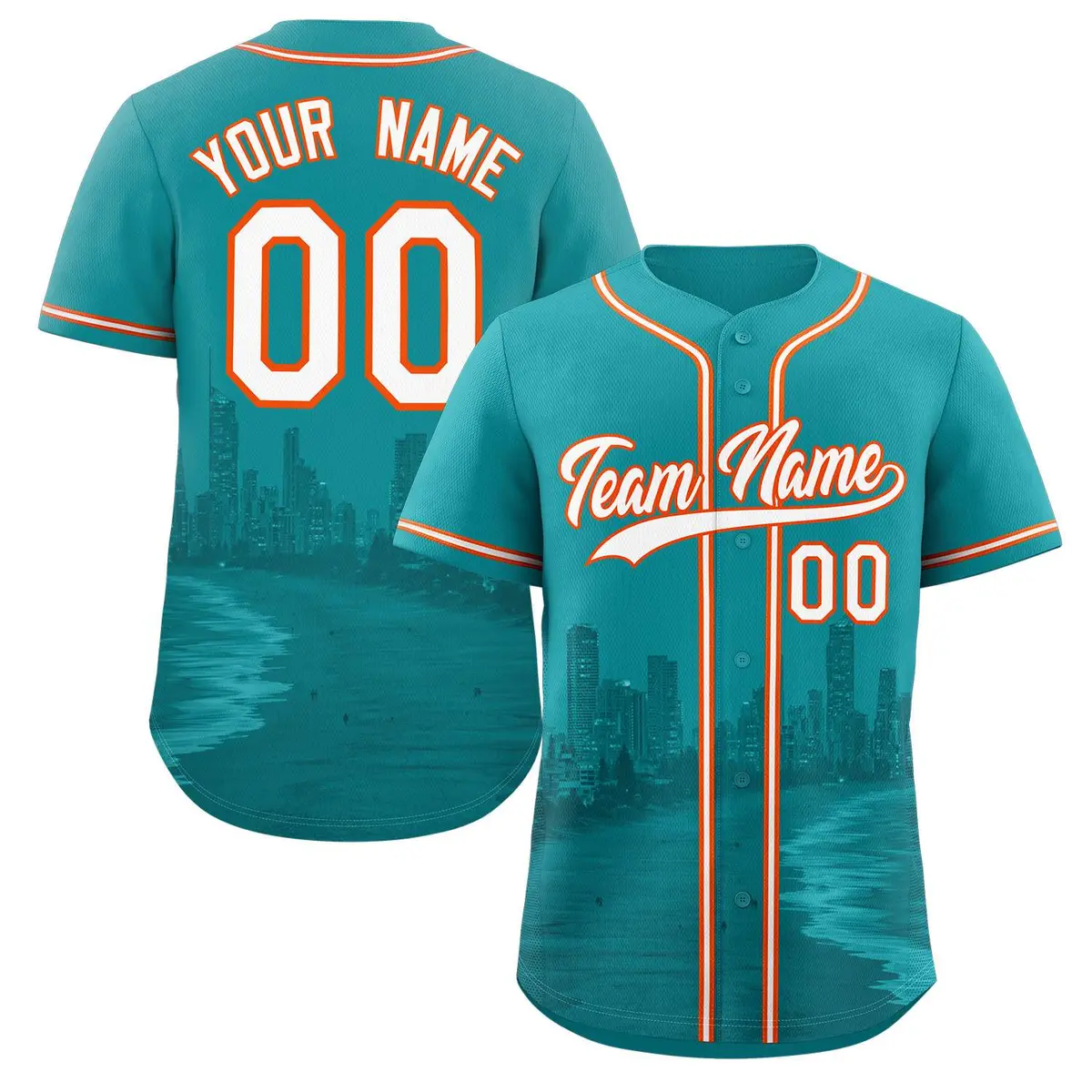 Aqua White Orange Miami City Skyline Baseball Jersey