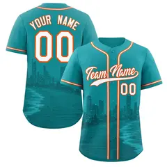 Aqua White Orange Miami City Skyline Baseball Jersey 1
