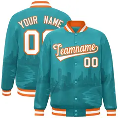 Aqua White-Orange Miami City Skyline Varsity Full-Snap Track Jacket