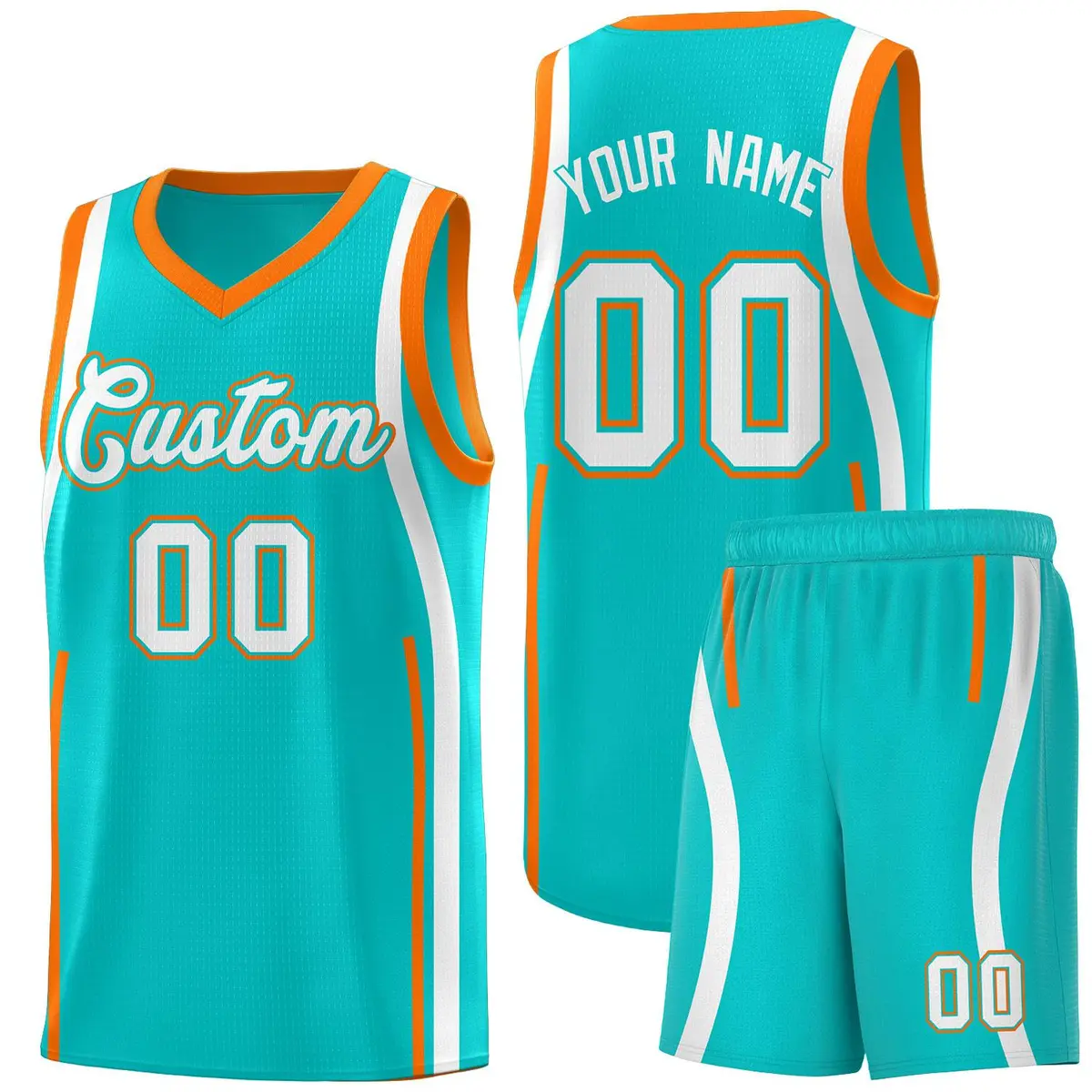 Aqua White-Orange Ribbon Pattern Basketball Kits