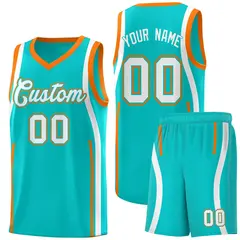 Aqua White-Orange Ribbon Pattern Basketball Kits 1