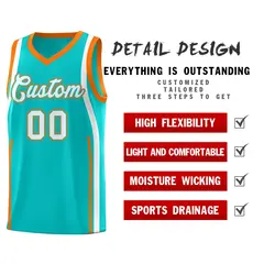 Aqua White-Orange Ribbon Pattern Basketball Kits 2