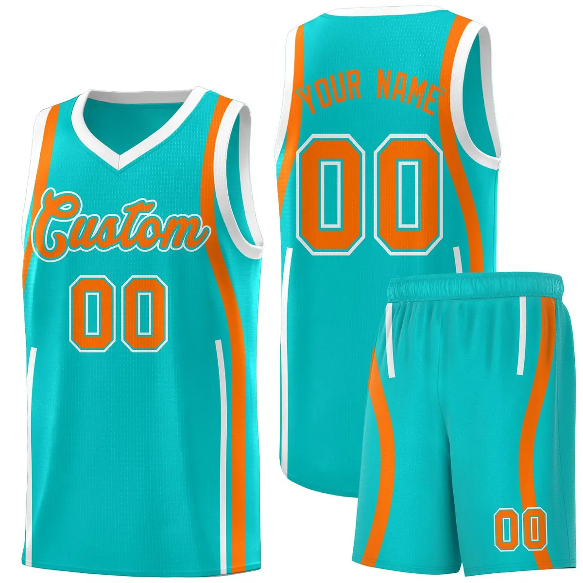 Aqua White-Orange Ribbon Pattern Basketball Kits