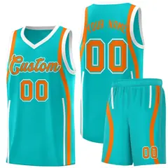 Aqua White-Orange Ribbon Pattern Basketball Kits 1