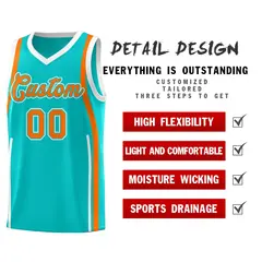 Aqua White-Orange Ribbon Pattern Basketball Kits 2
