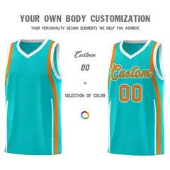 Aqua White-Orange Ribbon Pattern Basketball Kits 3