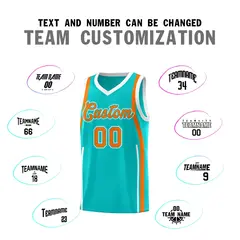 Aqua White-Orange Ribbon Pattern Basketball Kits 4