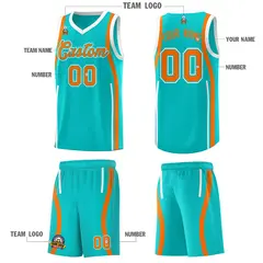 Aqua White-Orange Ribbon Pattern Basketball Kits 5