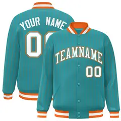 Aqua White-Orange Stripe Varsity Bomber Jacket