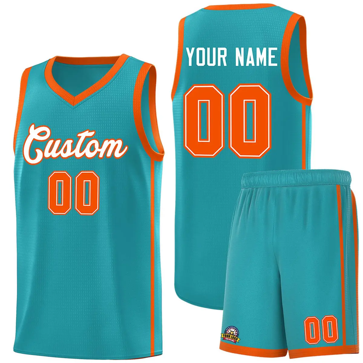 Aqua White-Orange Two Bars Basketball Uniform Jersey